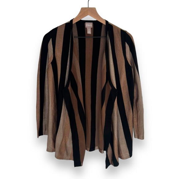 Chico's Sweaters - Chicos Open Front Waterfall Cardigan Black Taupe Stripe Women's Small Chicos 0
